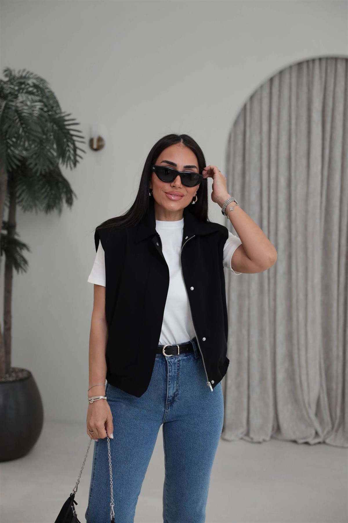 7560 Bel Lastikli Gizli Fermuarlı Modern Kesim Yelek SİYAH