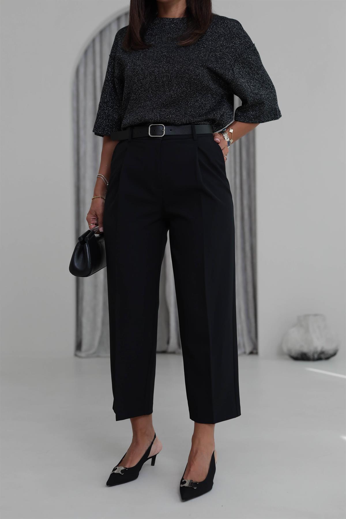 2167 Kemerli Pensli Pantolon SİYAH