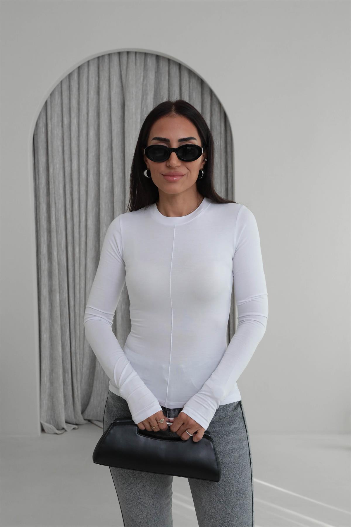 4152 Bisiklet Yaka Çimalı Parmak Geçmeli Body BEYAZ