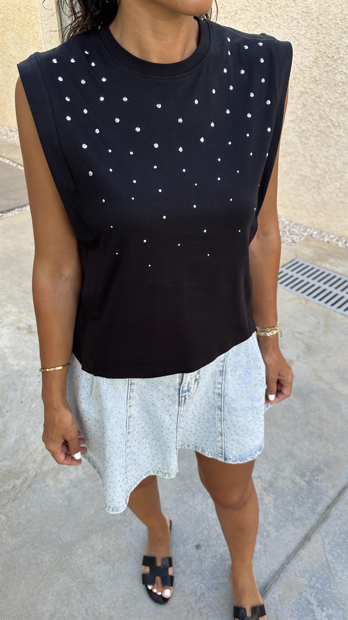 6175 Önü Taşlı Sıfır Kol Tshirt