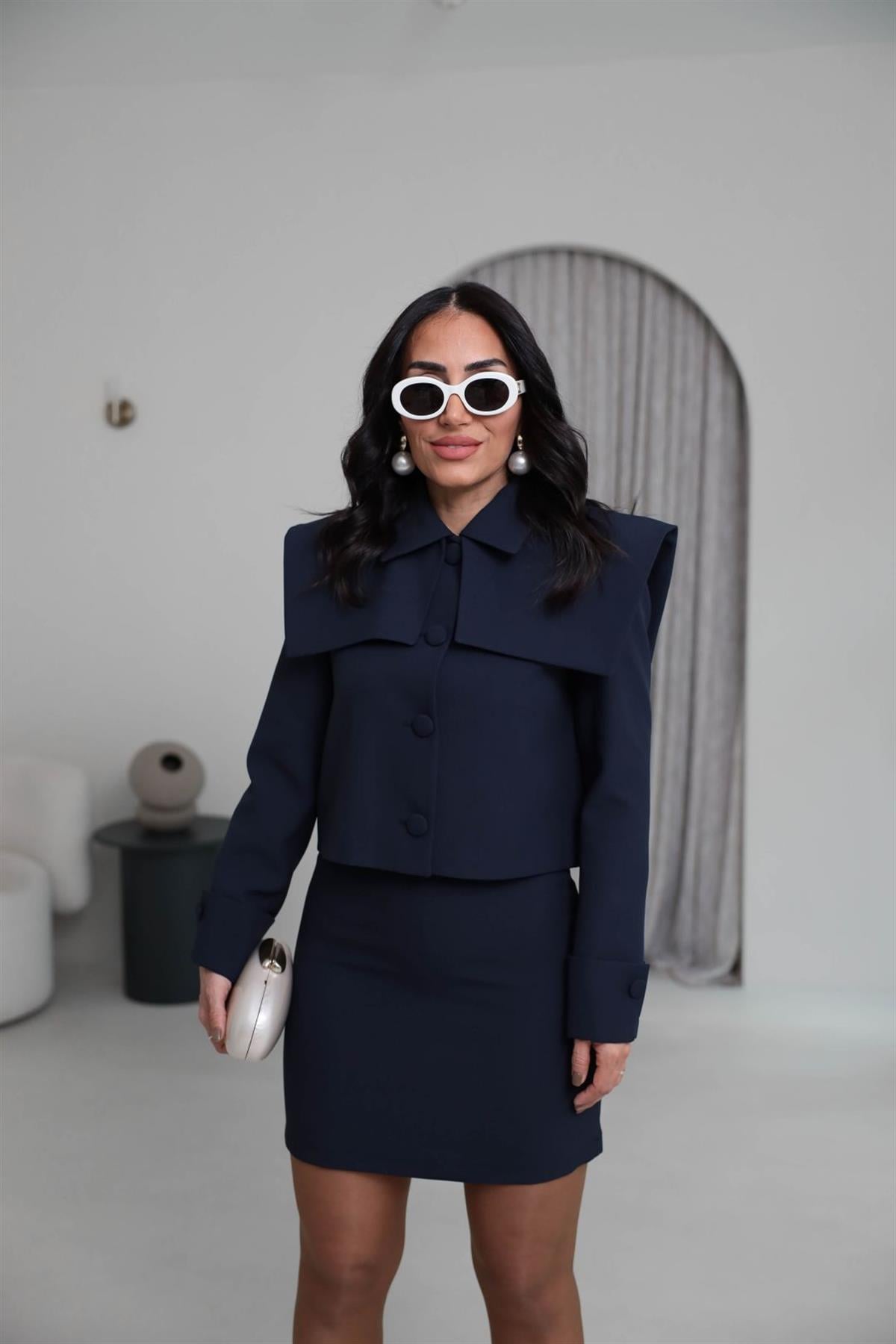 8945 Yaka Detay Ceketli Etekli Takım LACİVERT