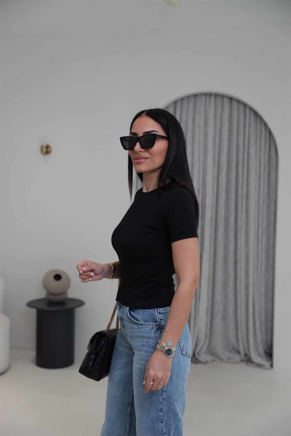 1591 Ribanalı Basic Pamuklu Tshirt SİYAH