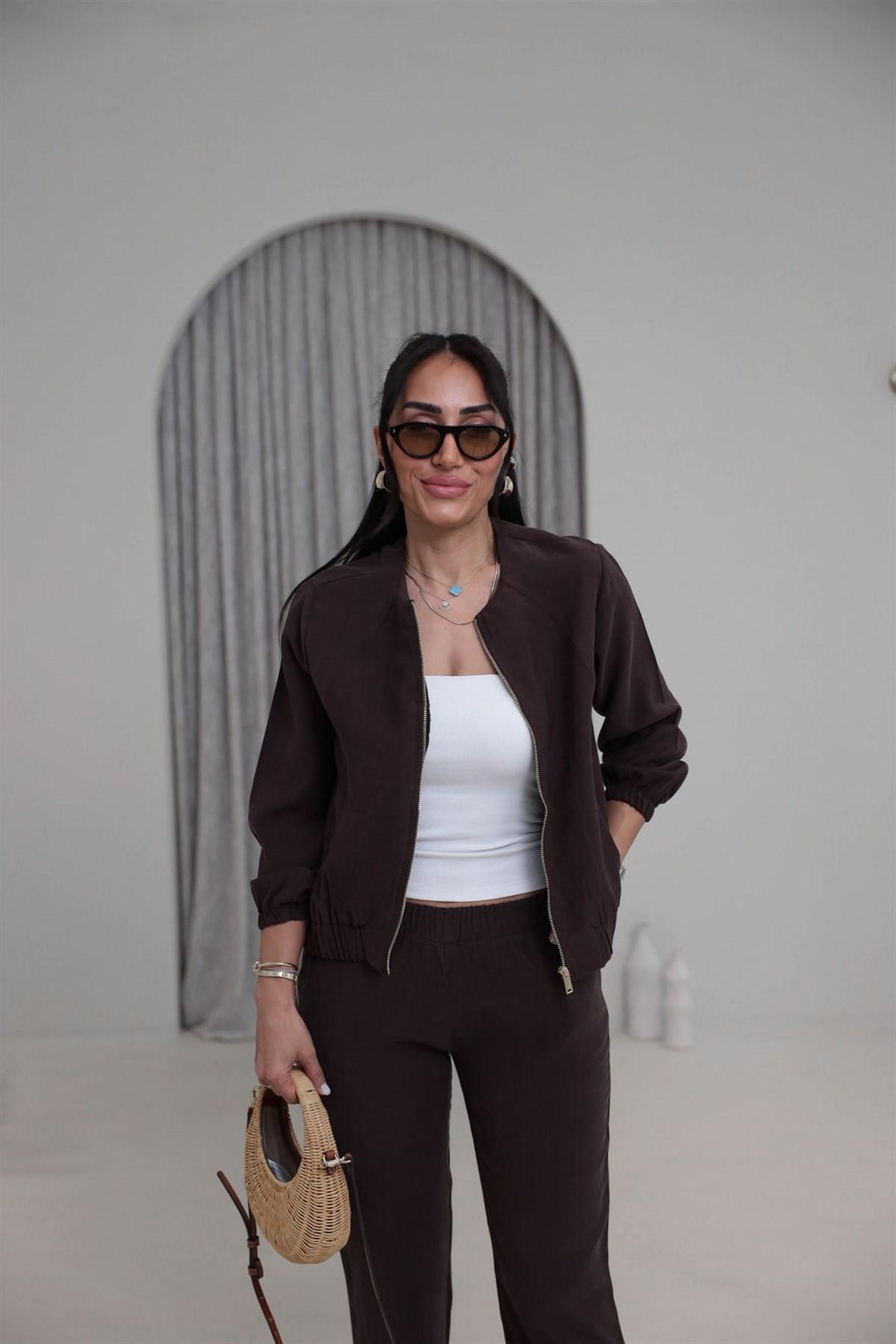 7132 Fermuarlı Tok Tencel Ceket Pantolon Takım KAHVE