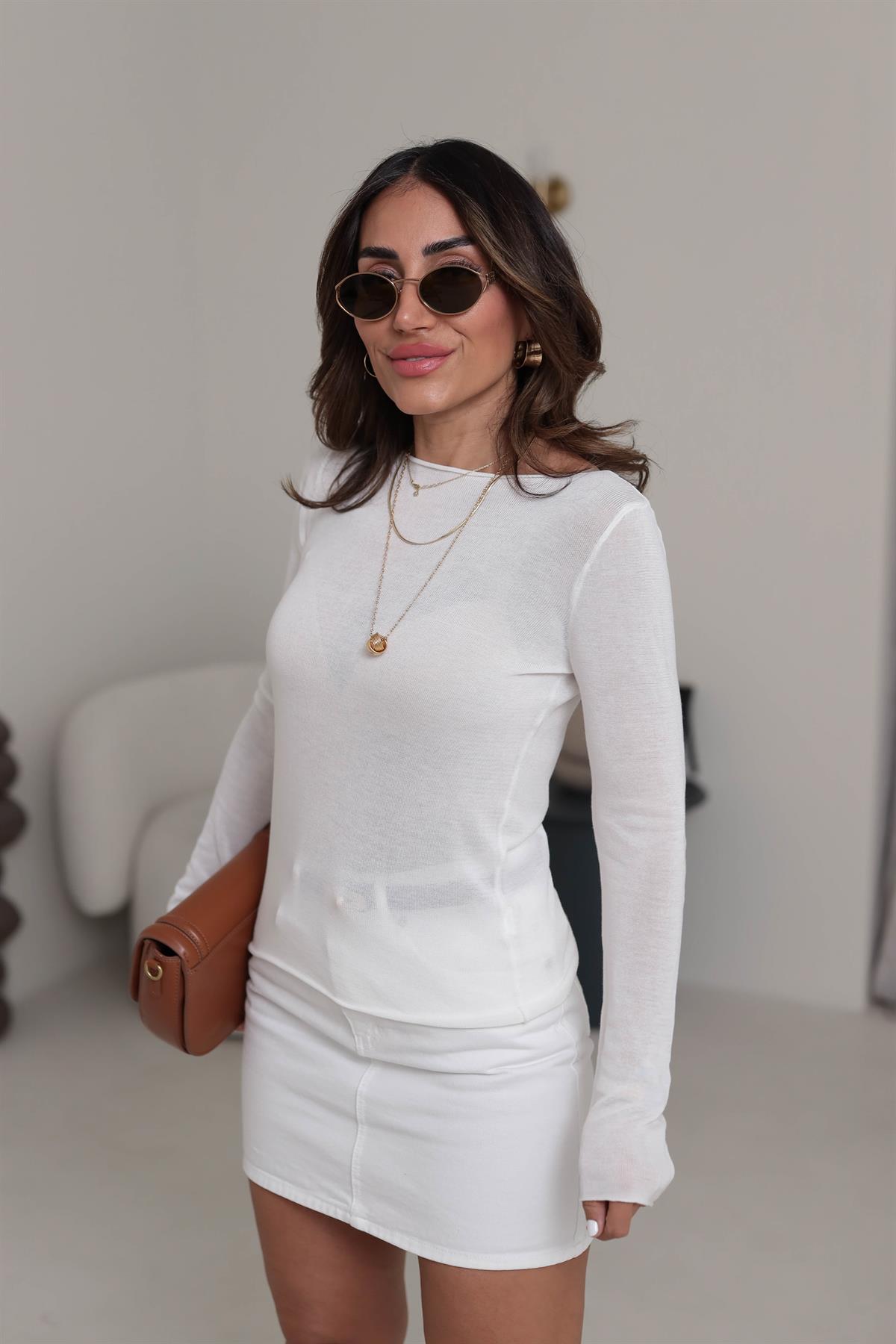 Havuz Yaka İnce Merserize Triko Bluz BEYAZ