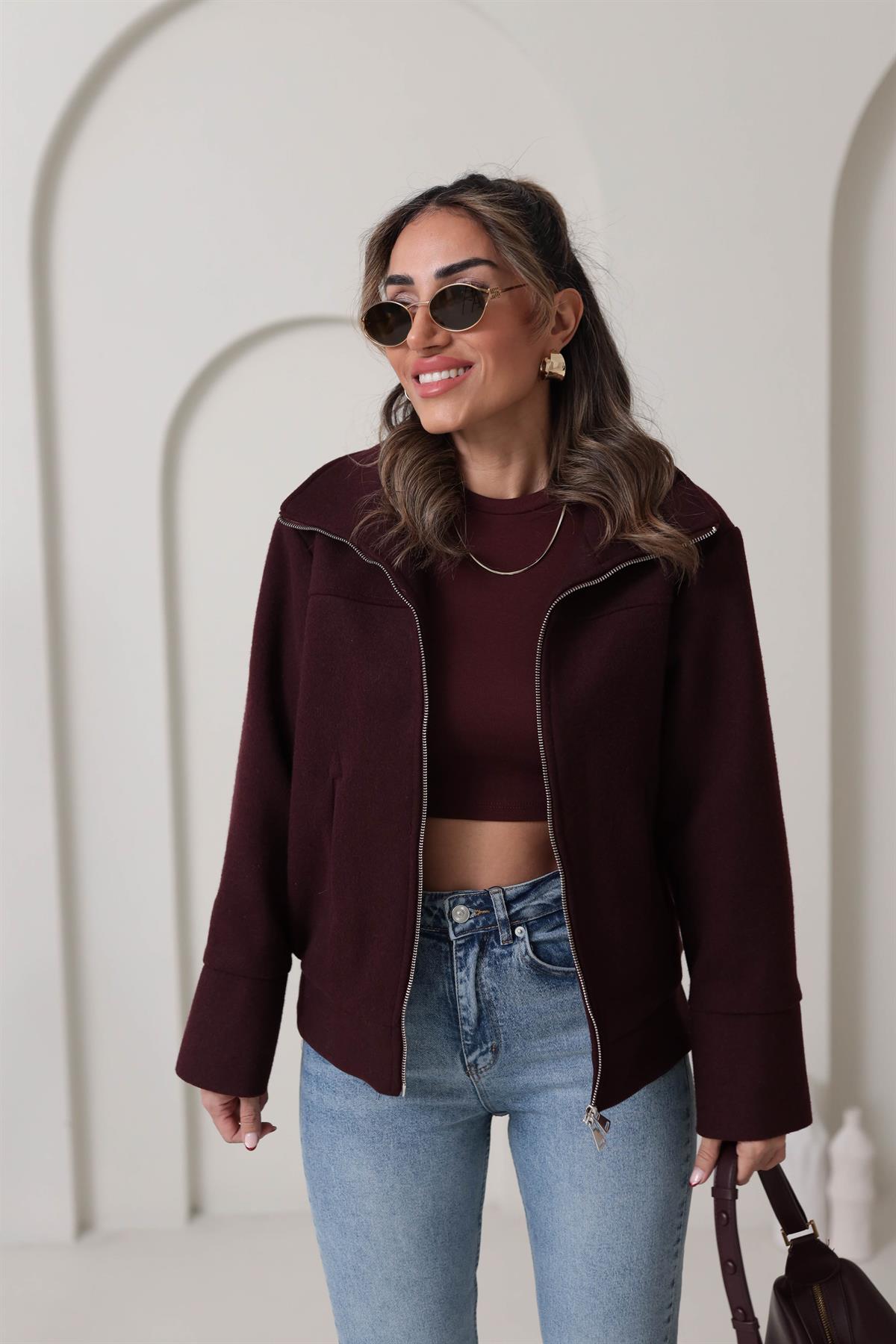 9567 Fermuarlı Kaşe Mont BORDO