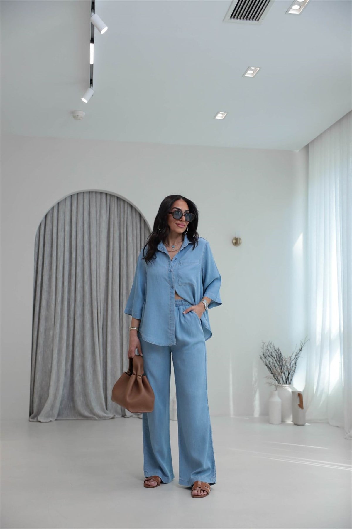 0926 Tencel Kumaş Gömlek ve Pantolon Takım AÇIK MAVİ