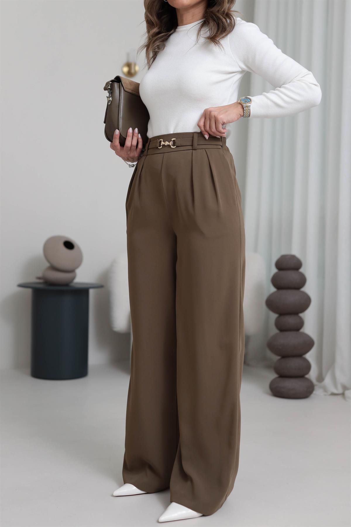 3704 Gold Aksesuarlı Bel Lastikli Salaş Pantolon HAKİ YEŞİL