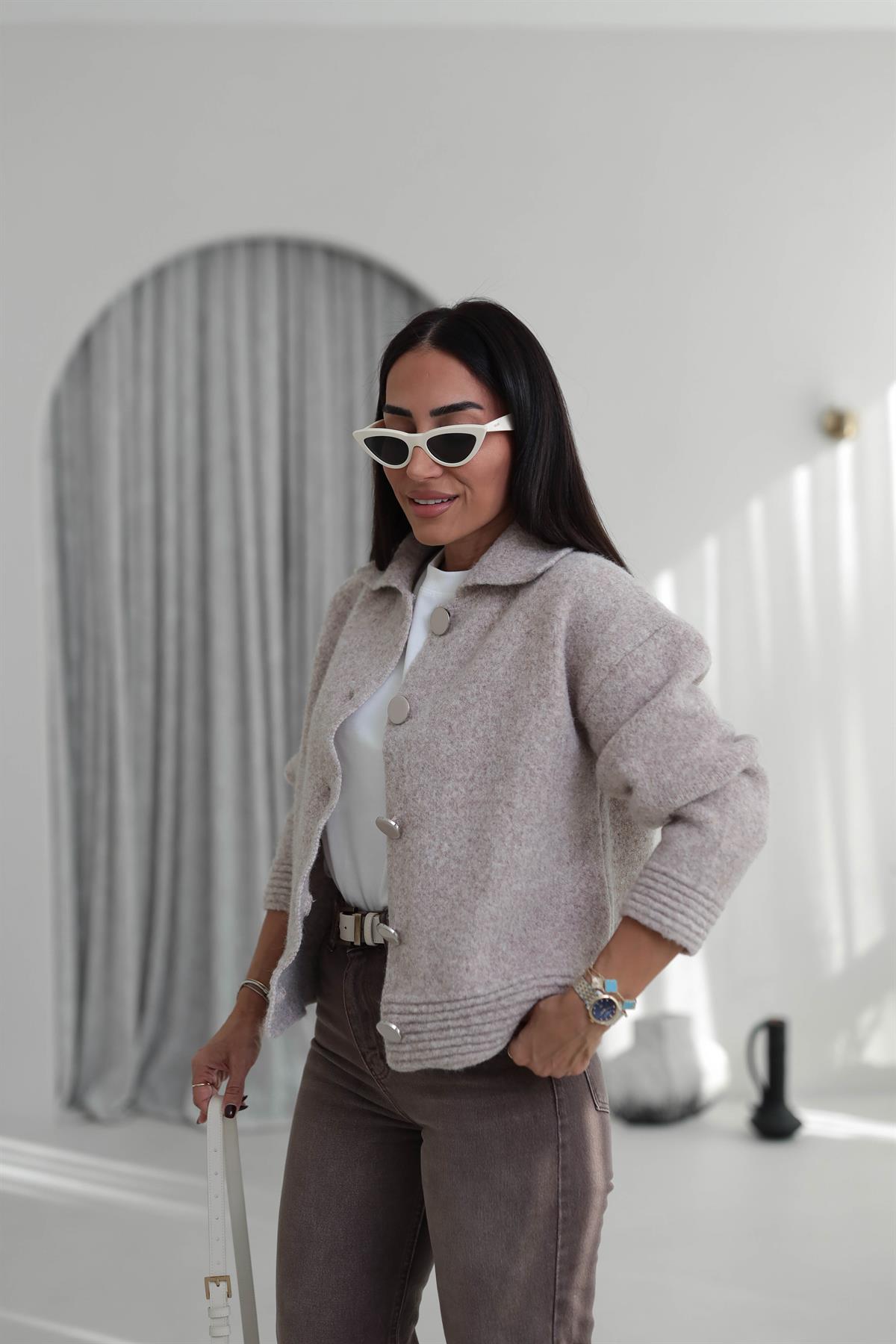 5086 Büyük Düğmeli Polo Yaka Hırka Ceket VİZON