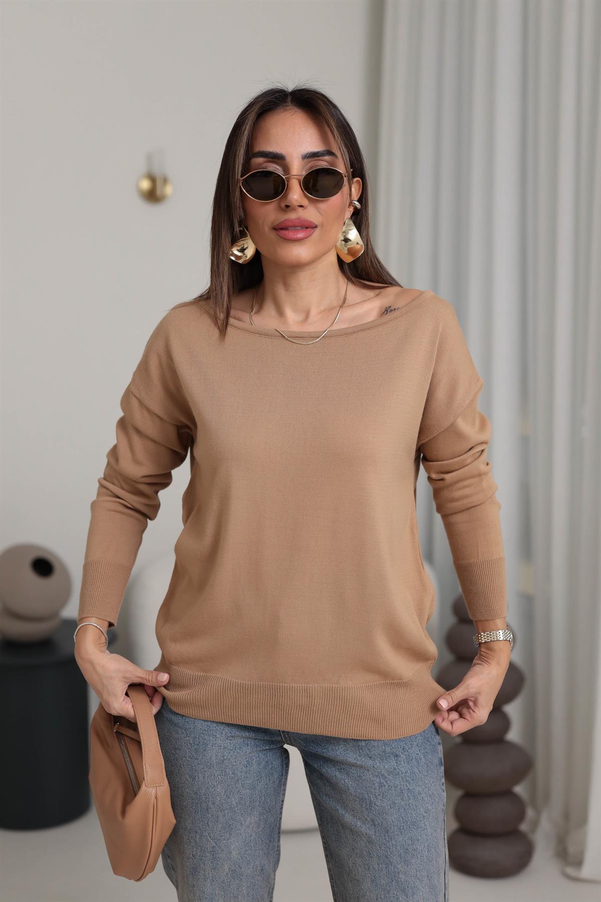 0734 Kayık Yaka T Kol Triko CAMEL