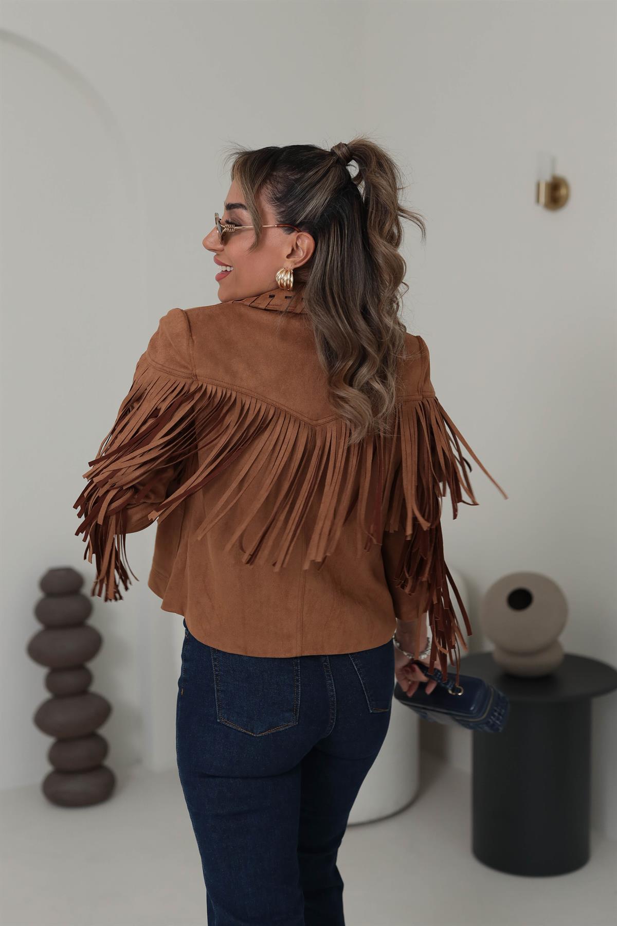 5505 Püskül Detaylı Süet Ceket TABA