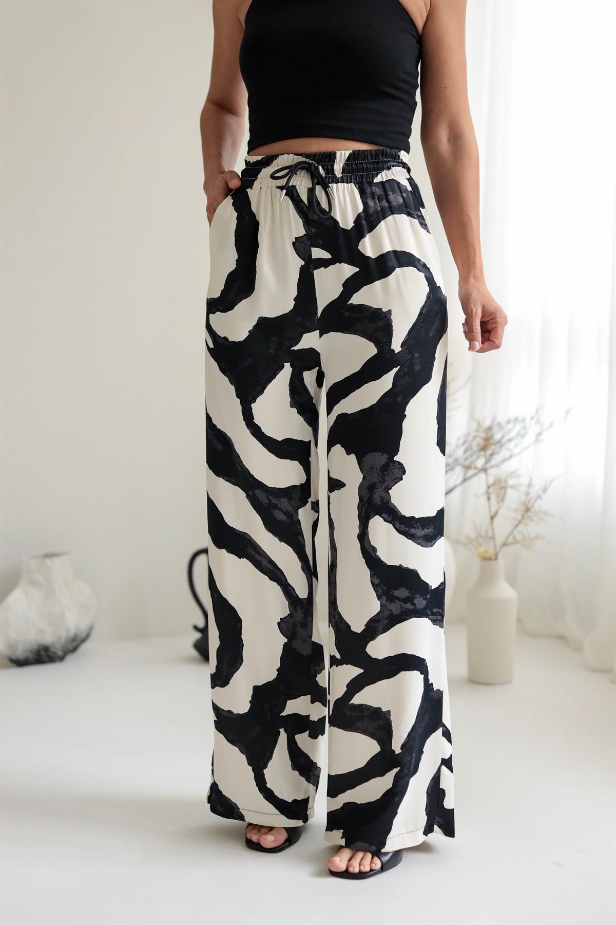 2921 Bel Lastikli Desenli Saten Pantolon