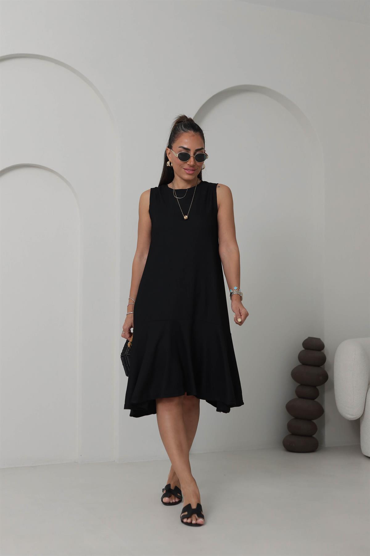 A9901 Eteği Volanlı Kolsuz Elbise SİYAH