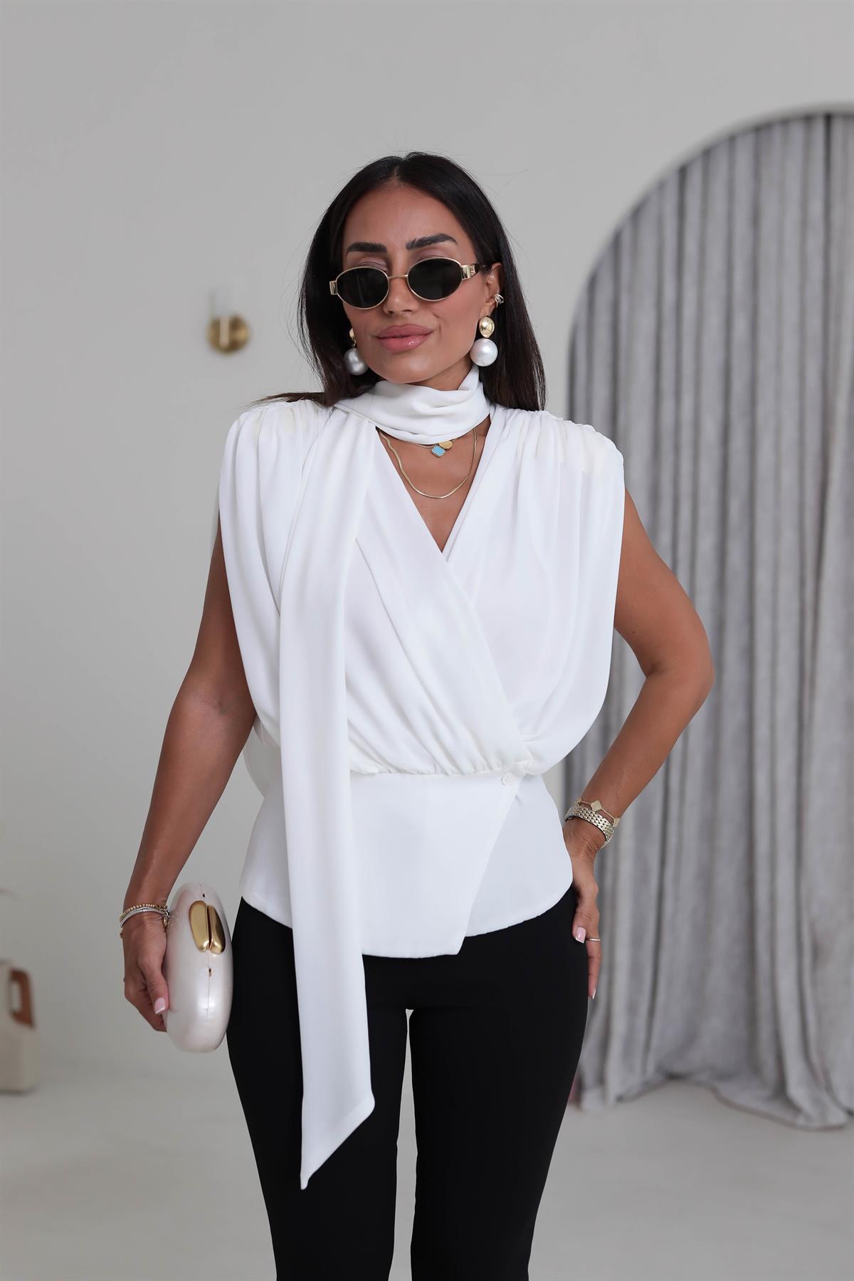 6197 Vatkalı Şal Detaylı Bluz EKRU
