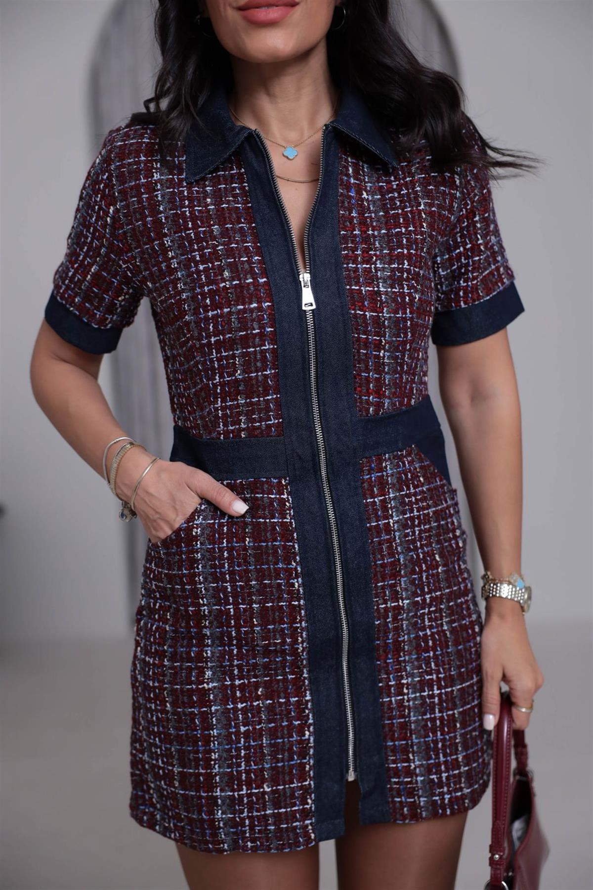 8082 Gömlek Yaka Kot Garnili Tüvit Elbise BORDO