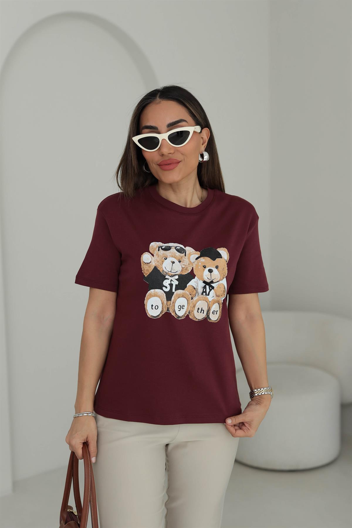 7878 Tedy Baskılı Bisiklet Yaka Tshirt BORDO