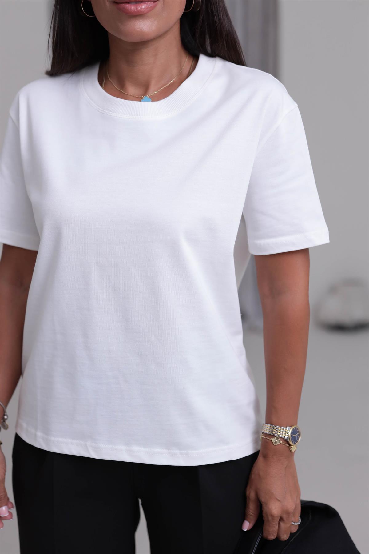 0312 Dekoratif Dikişli Pamuklu Tshirt BEYAZ