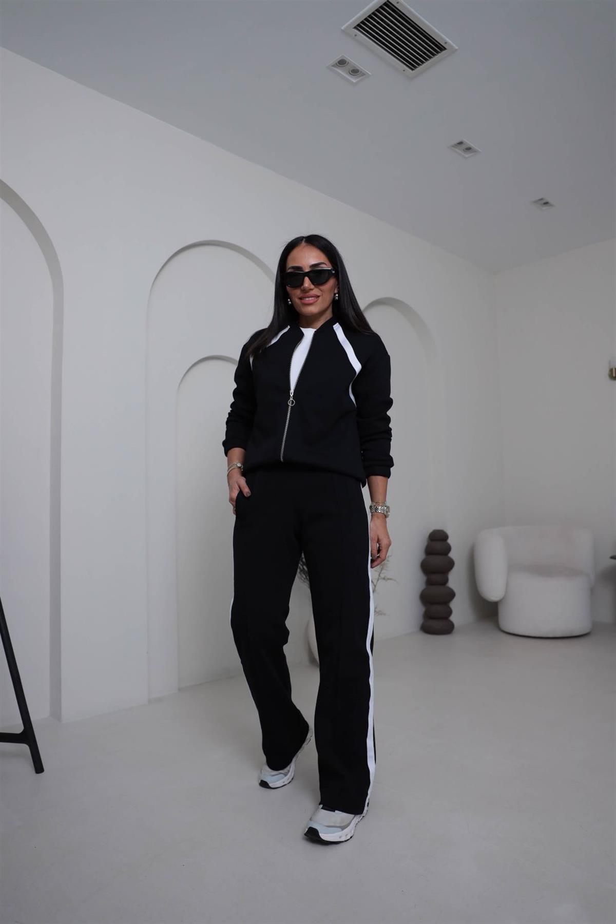 2031 Şerit Detay Fermuarlı Pike Kumaş Takım SİYAH