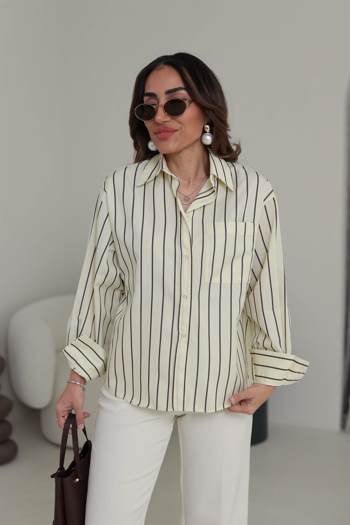 3142 Çizgili Cep Detaylı Poplin Gömlek SARI