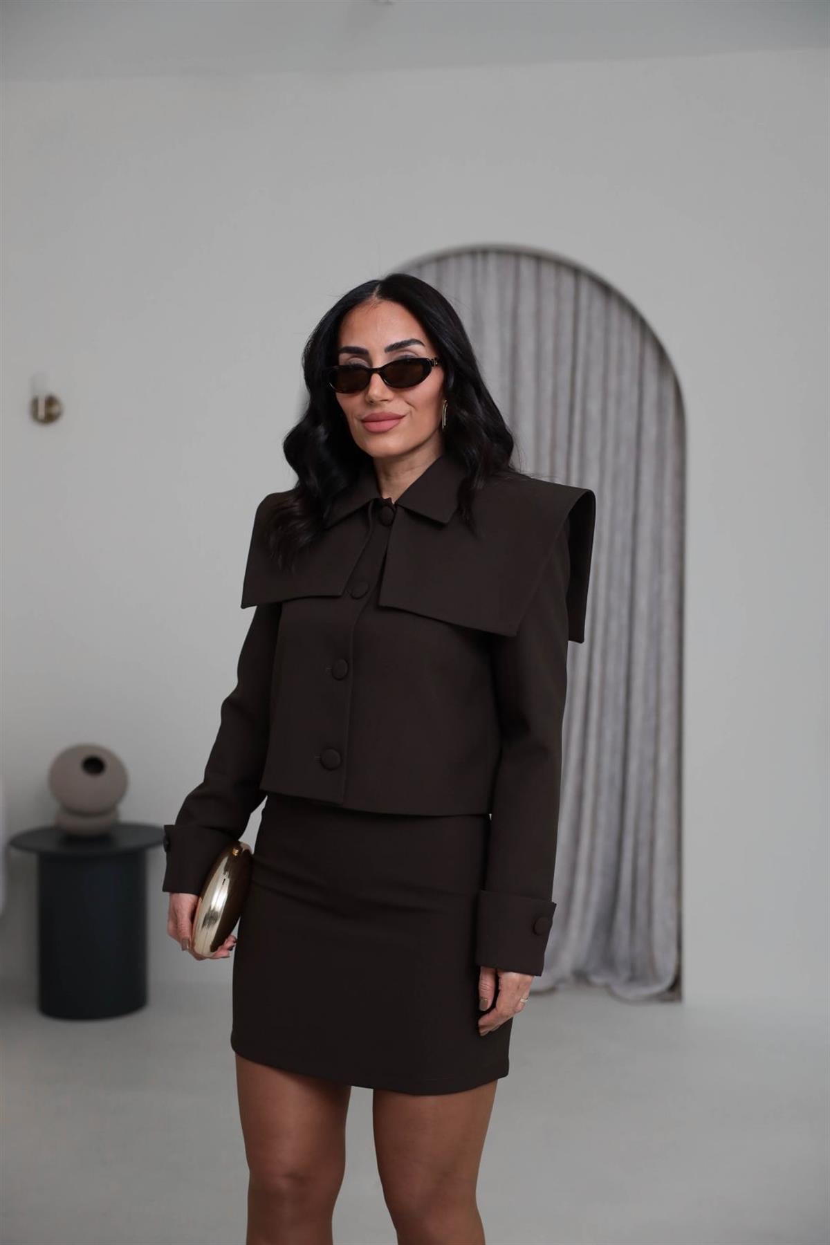 8945 Yaka Detay Ceketli Etekli Takım KAHVE