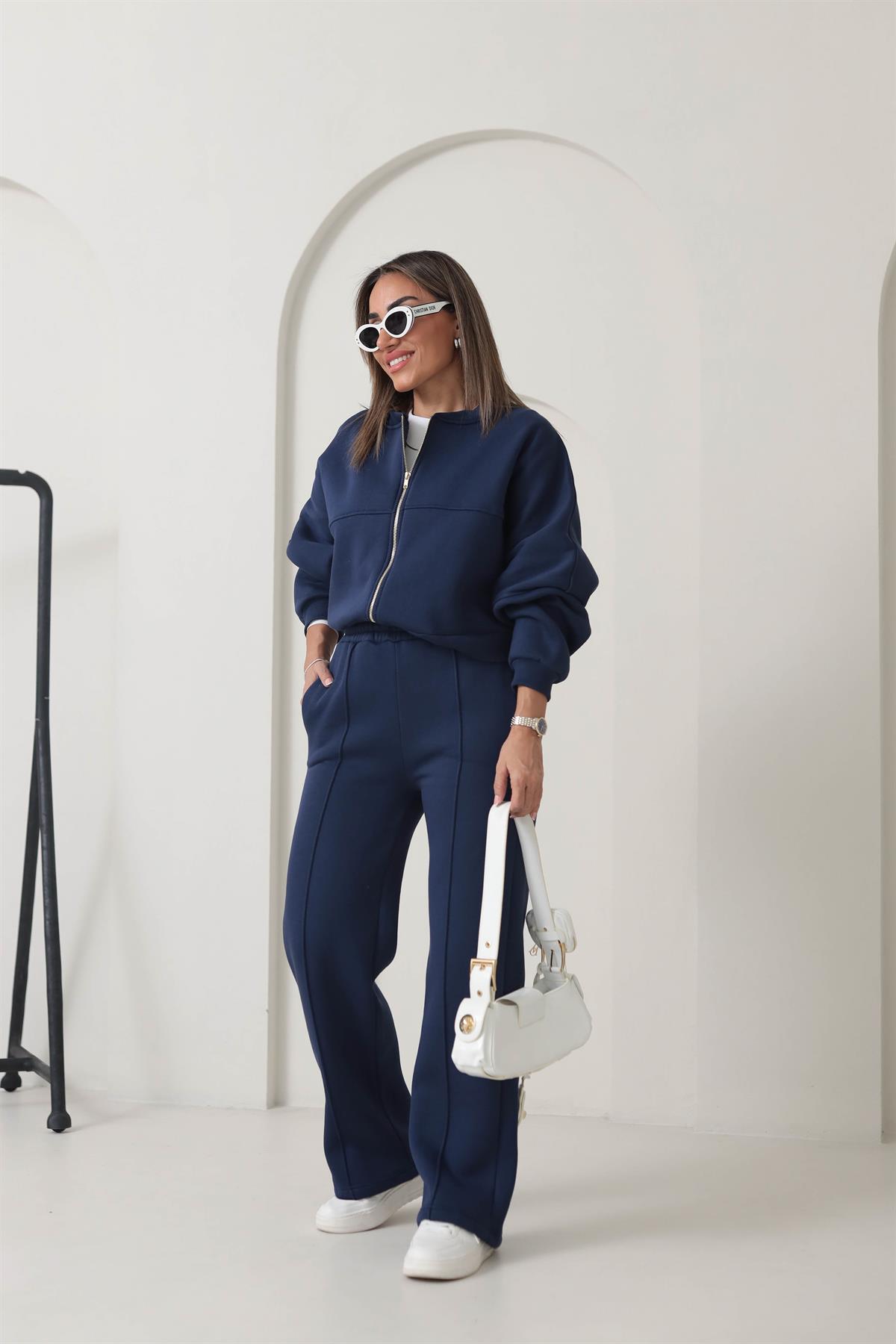 Fermuarlı Çimalı 3iplik Şardonlu Takım LACİVERT