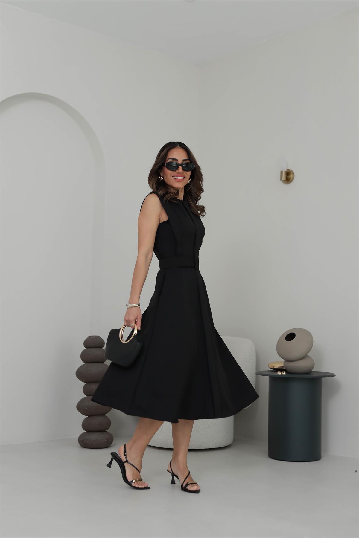 3715 A Kesim Sıfır Kol Kemerli Midi Elbise SİYAH