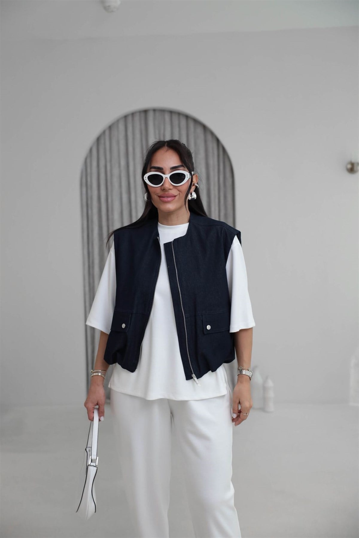 8492 Önden Fermuarlı Sıfır Kol Denim Yelek LACİVERT