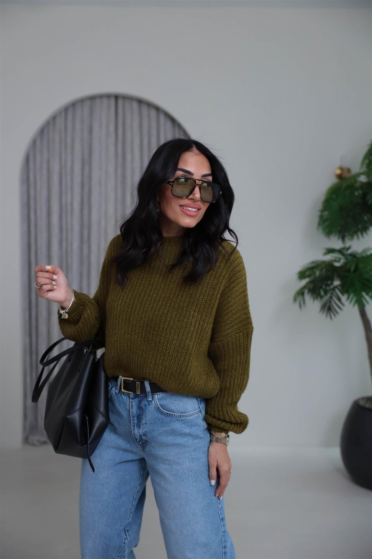 3579 Bisiklet Yaka Örme Oversize Kısa Kazak YAĞ YEŞİLİ