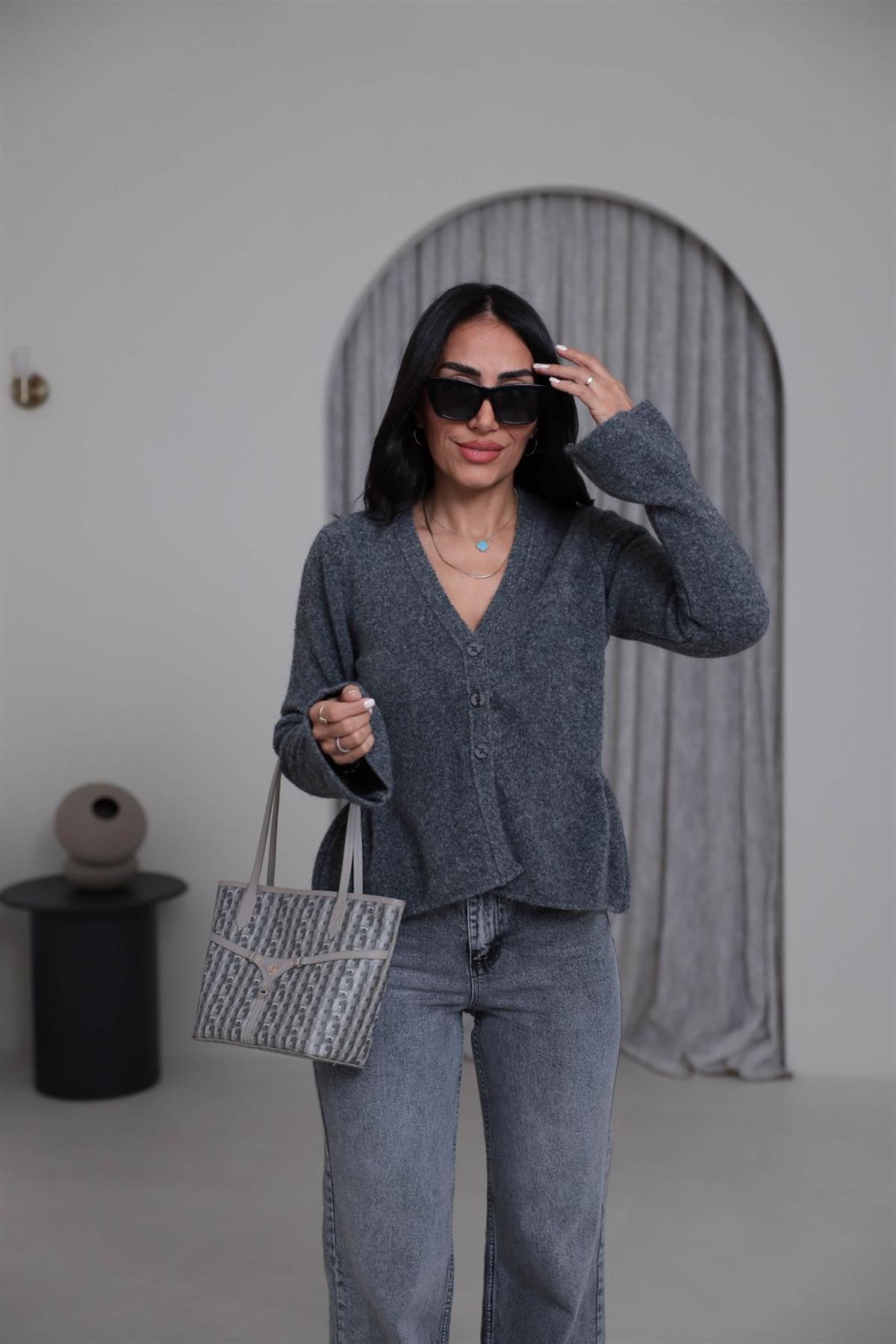 4930 V Yaka İspanyol Kol Peplum Hırka KOYU GRİ