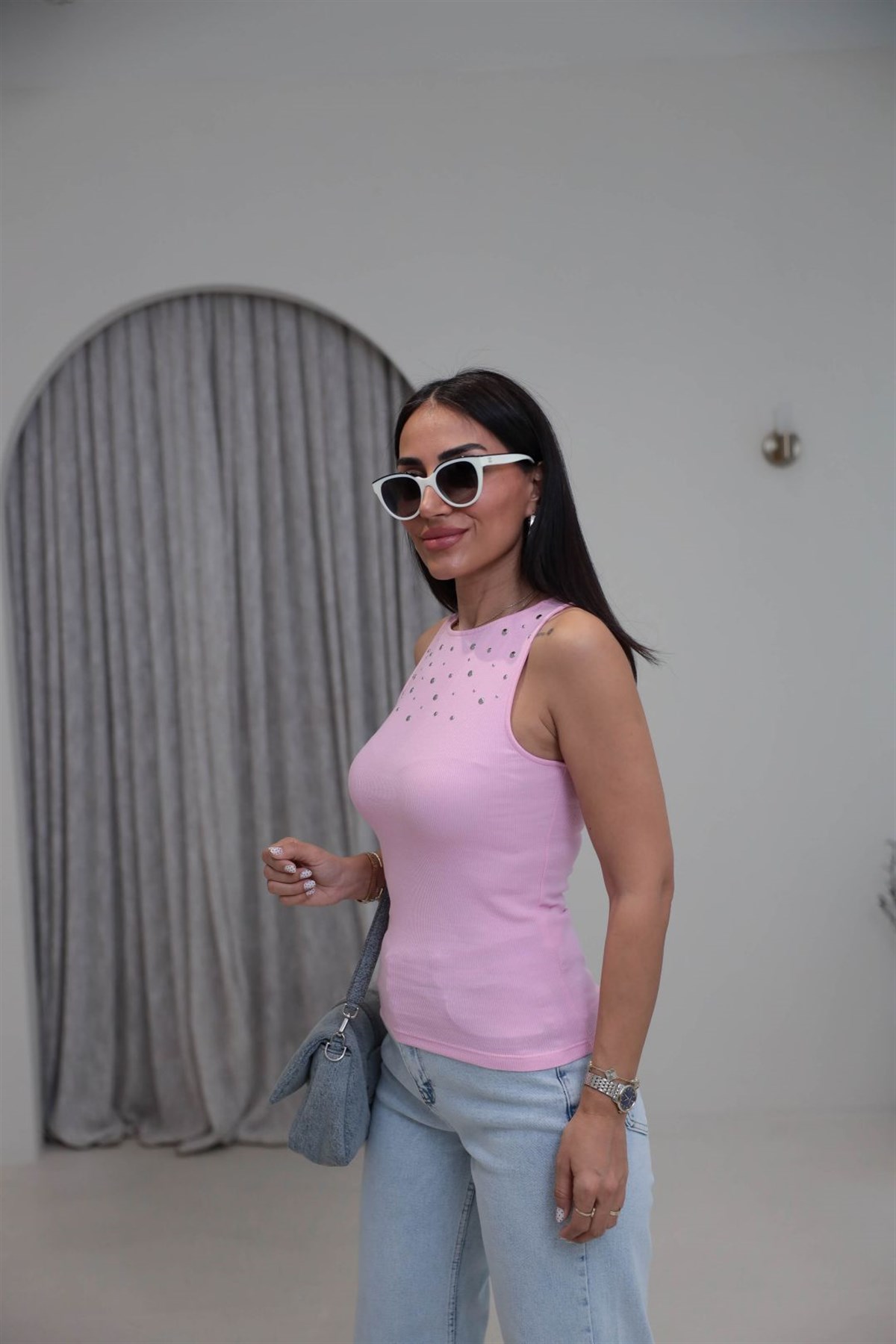 7588 Drop Detaylı Sıfır Kol Pamuklu Atlet PEMBE