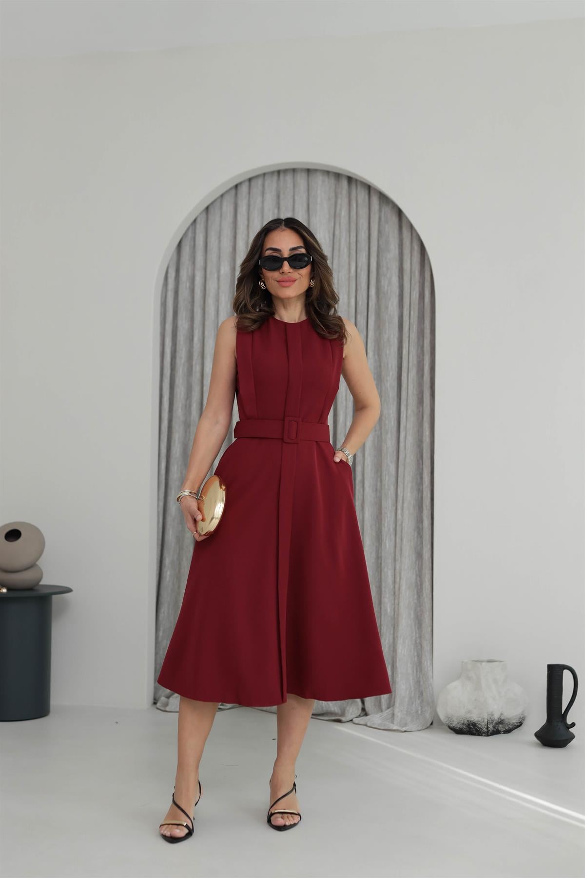 3715 A Kesim Sıfır Kol Kemerli Midi Elbise BORDO
