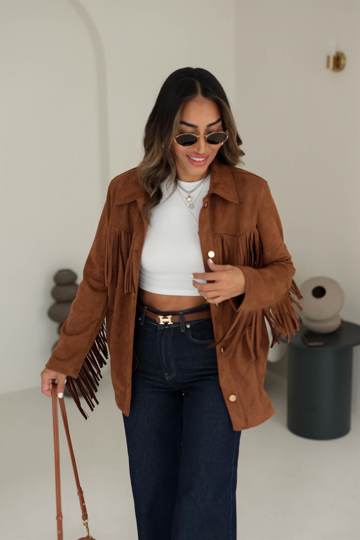 5156 Püsküllü Vatkalı Süet Ceket