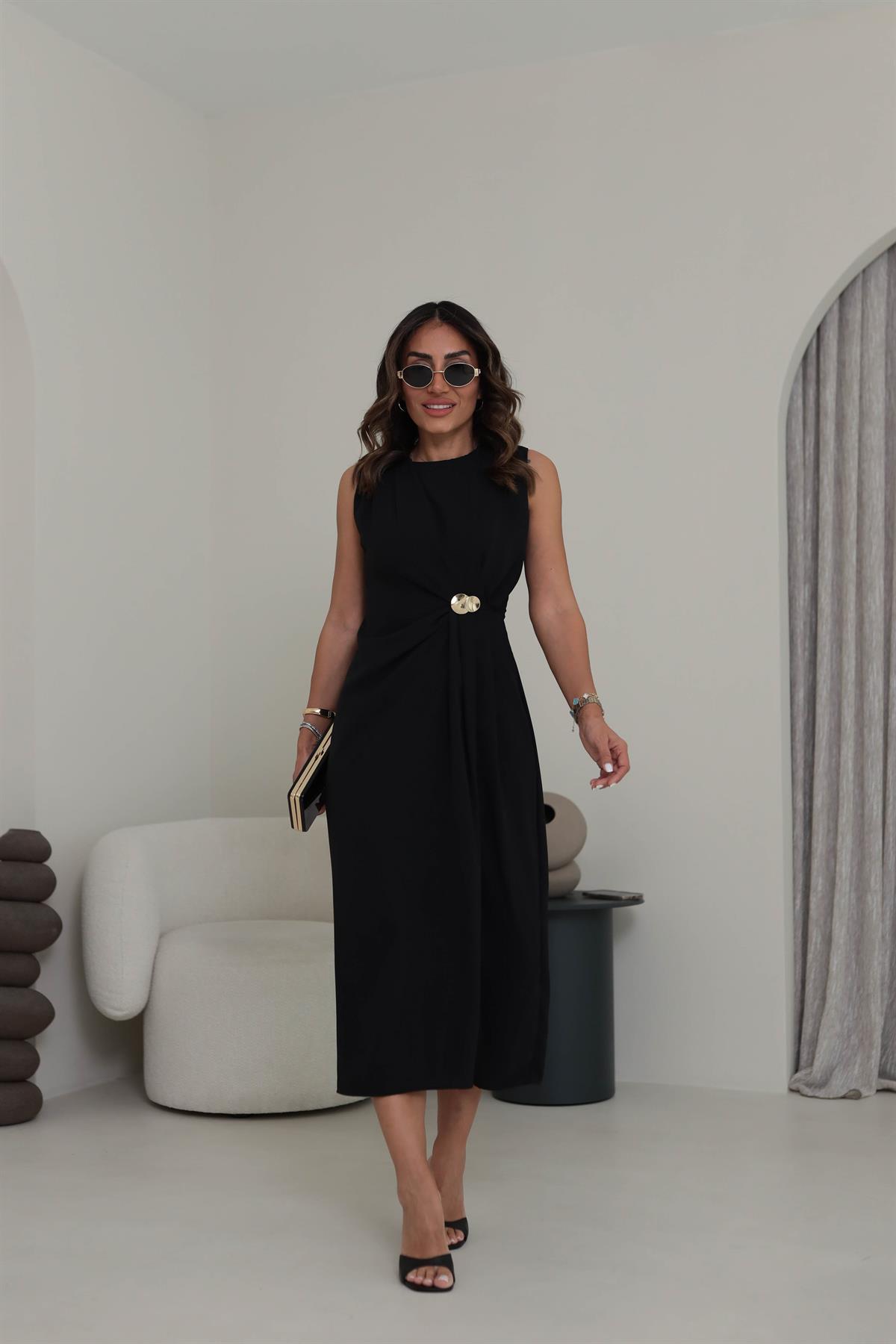 3718 Gold Broşlu Kolsuz Midi Elbise SİYAH