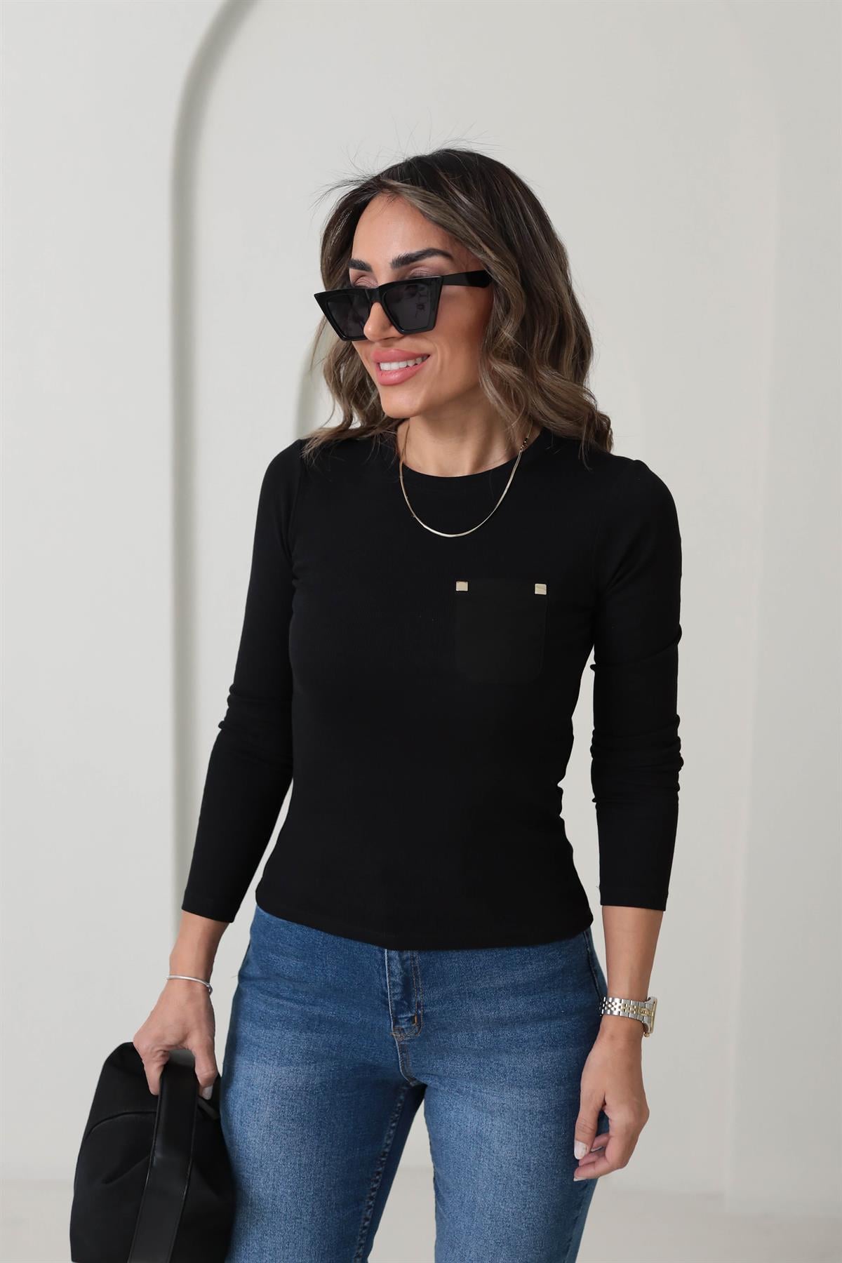 6497 Cebi Gold Detaylı Bluz SİYAH