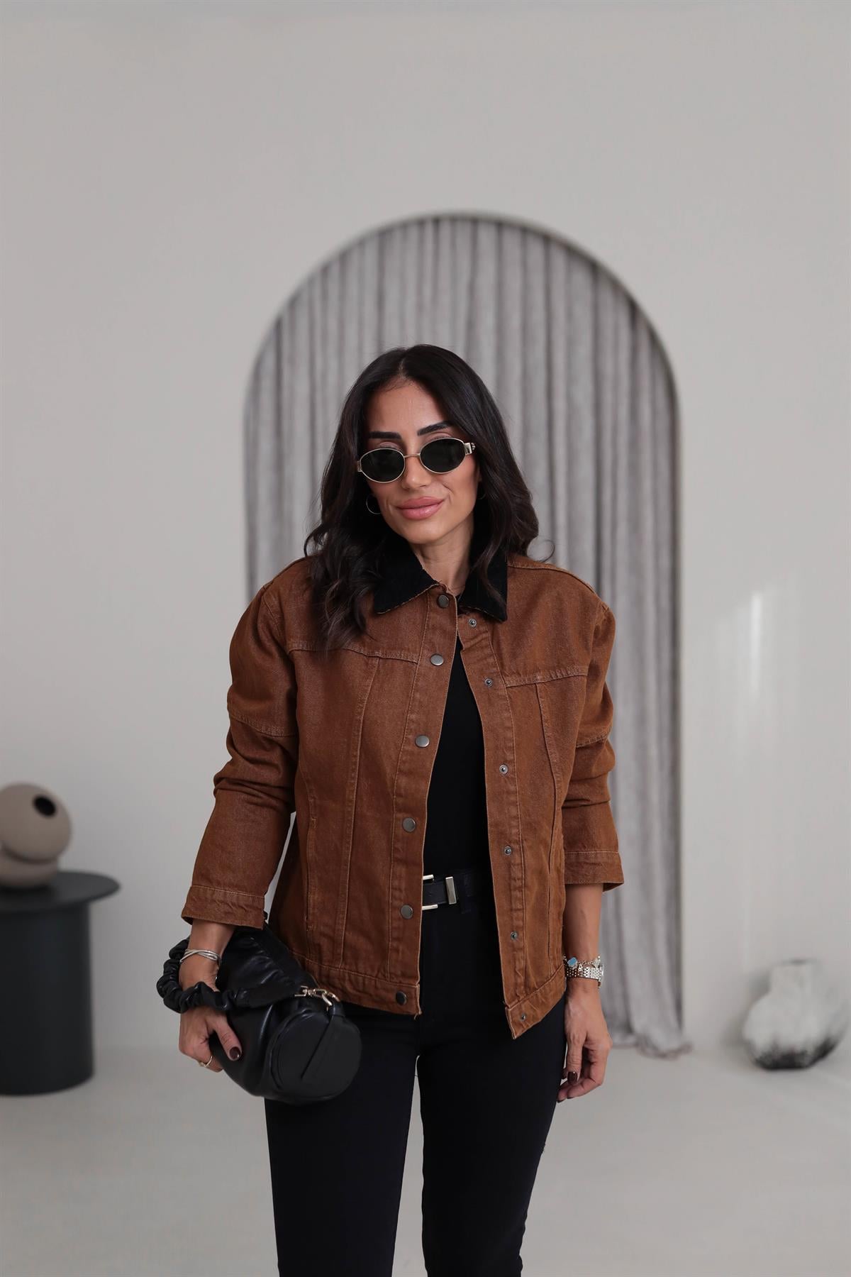 5561 Siyah Kadife Yaka Kot Ceket TABA