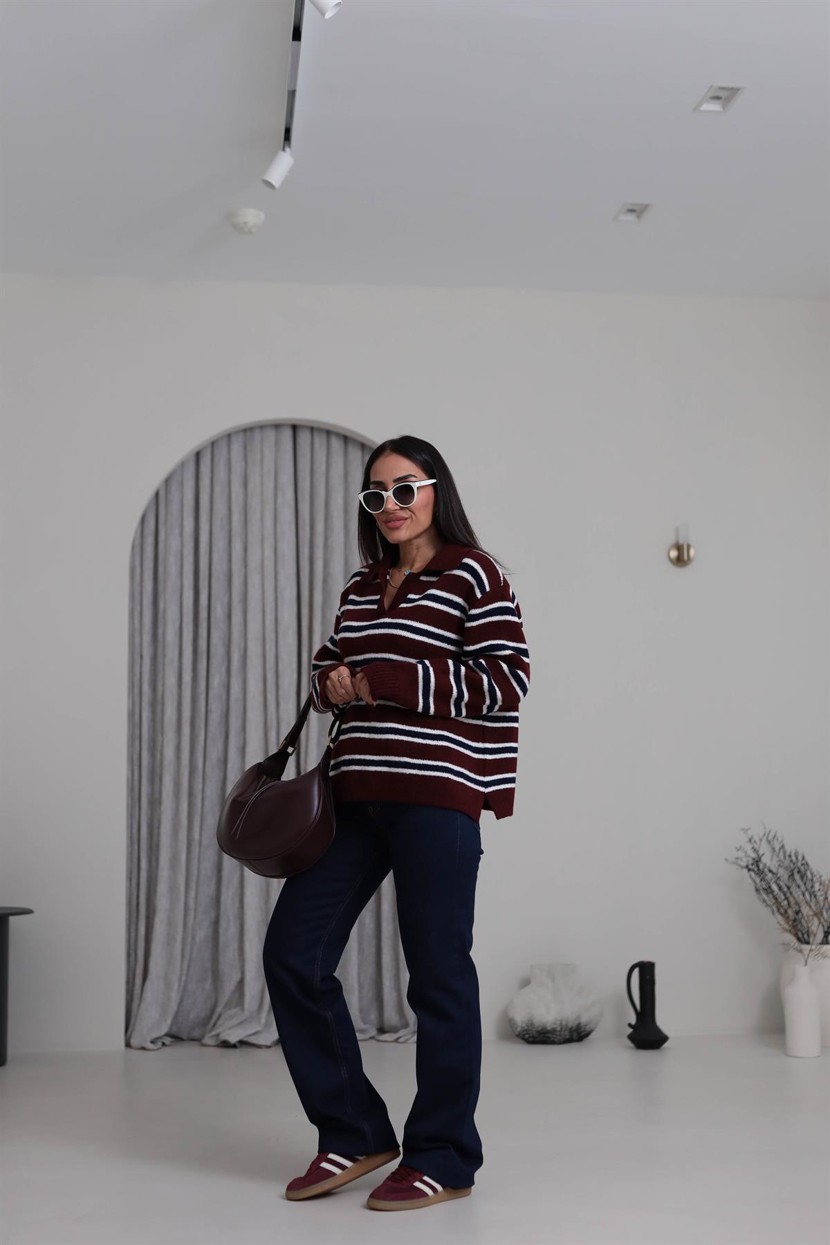 2541 Polo Yaka Çizgili Triko Kazak BORDO