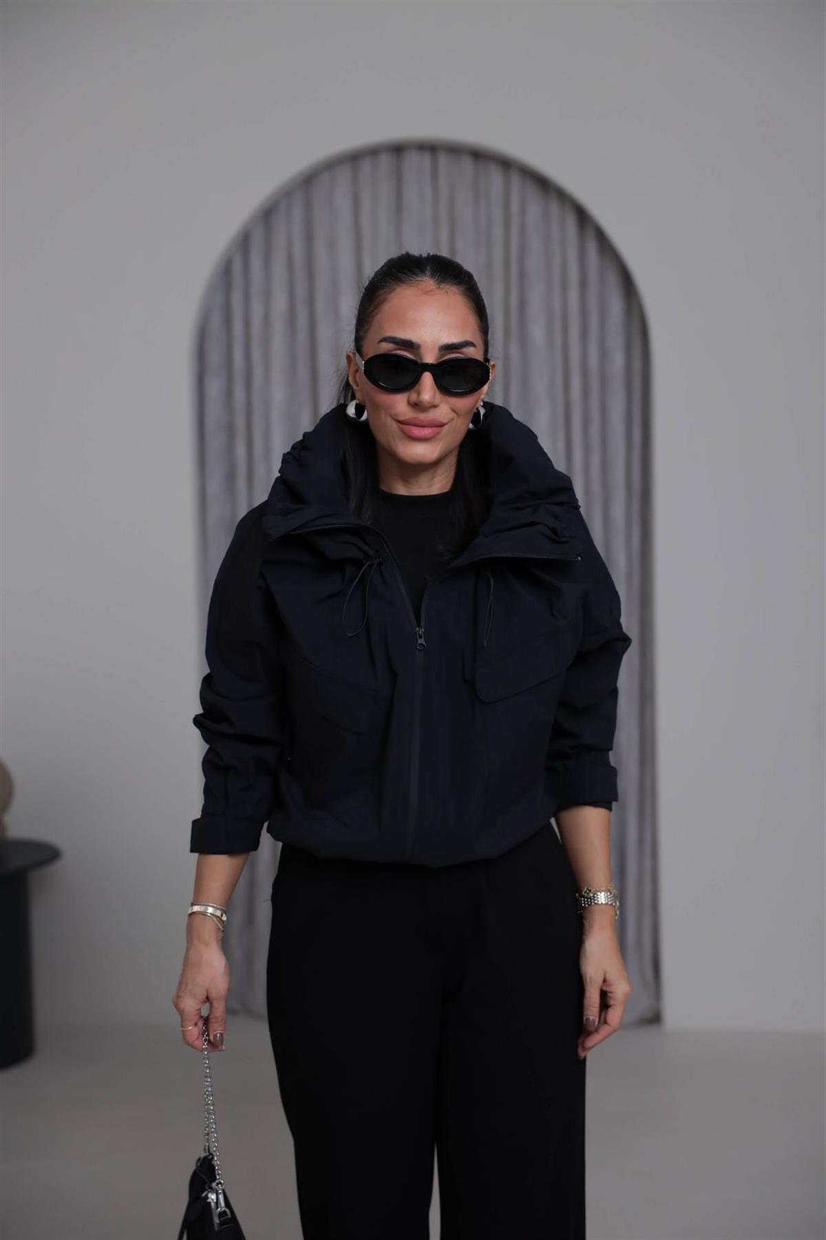 7077 Yaka Büzgülü Önden Fermuarlı Bomber SİYAH