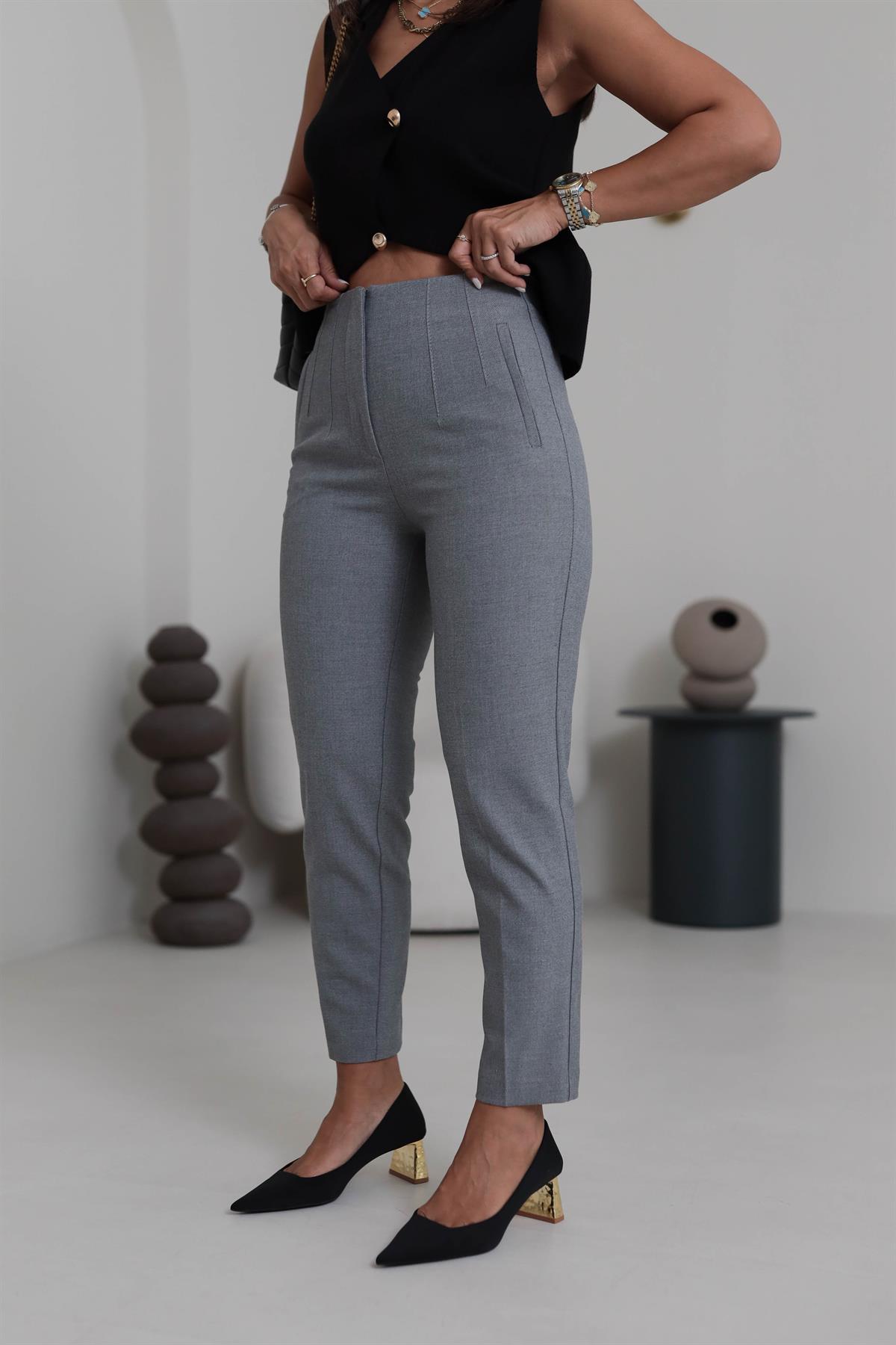 U5113-K Önü Flotalı Kumaş Pantolon KIRÇILLI GRİ
