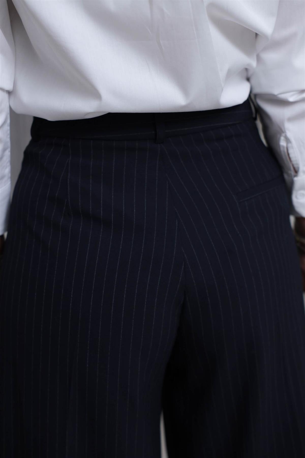 7363 Çizgili Geniş Paça Kumaş Pantolon LACİVERT