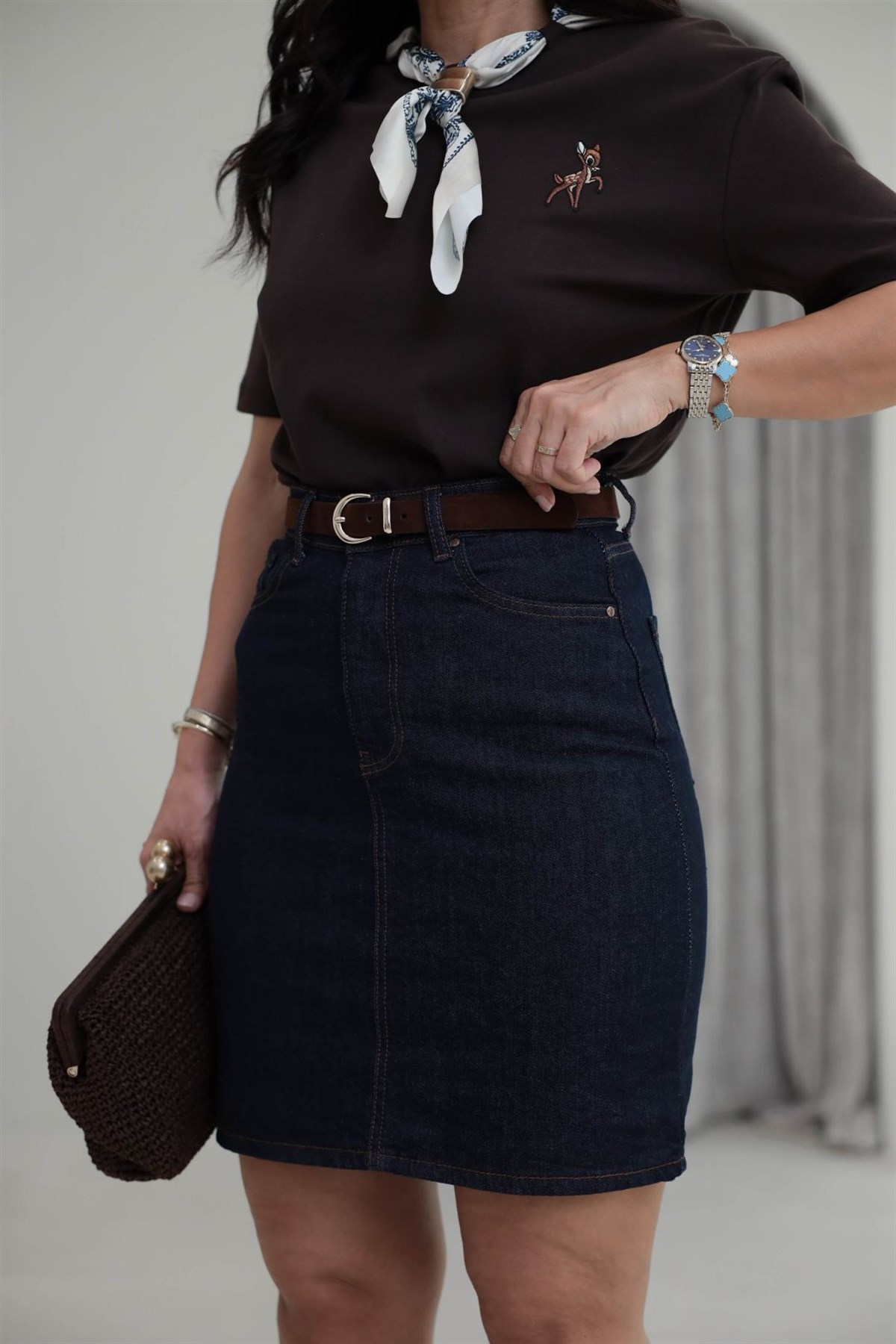 112 Kemerli Likralı Denim Etek LACİVERT