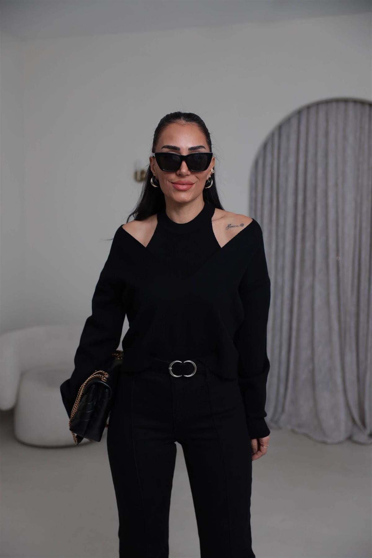 1206 V Yaka İkili Korsman Bluz SİYAH