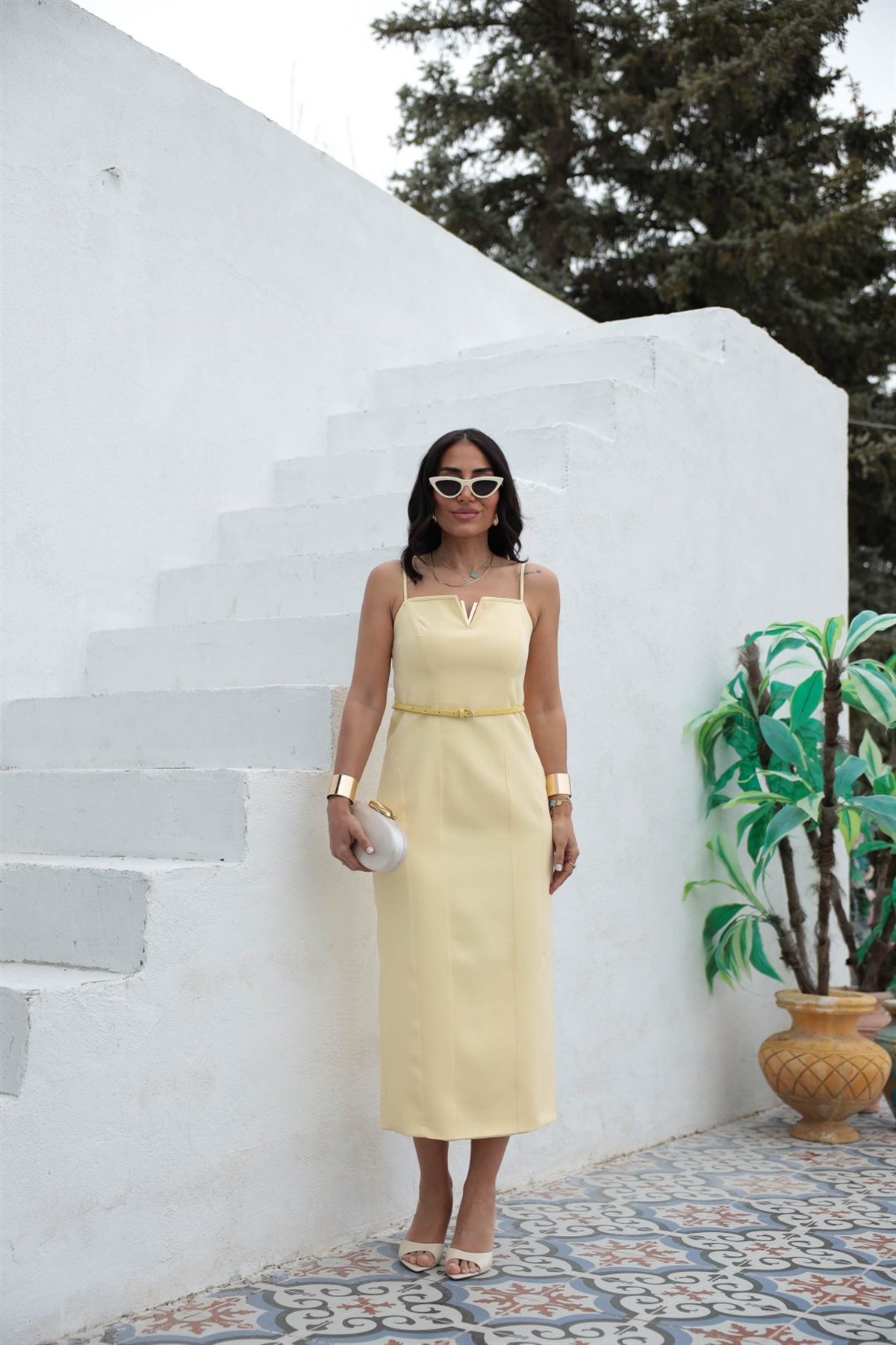 7304 Ayarlanabilir Askılı Gold Detaylı Elbise SARI