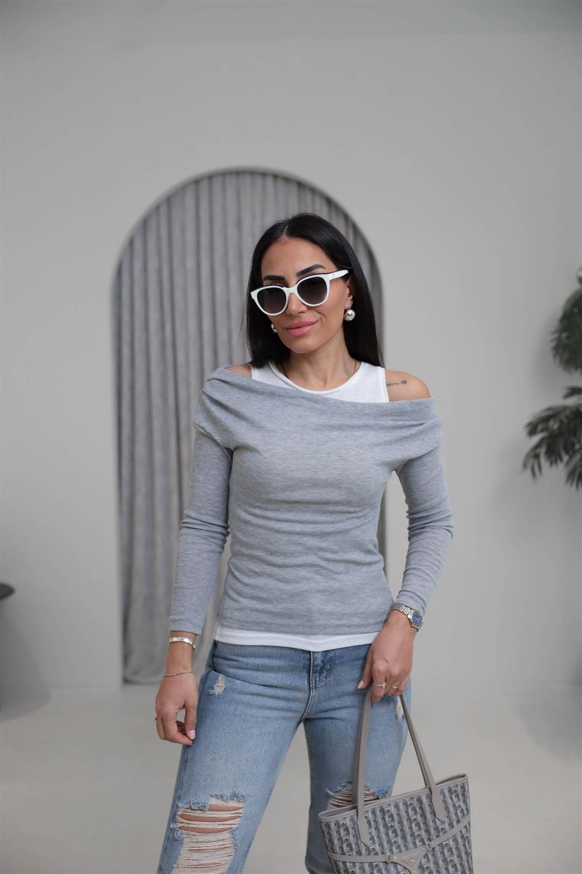 Çift Katmanlı Kayık Yaka İkili Bluz GRİ