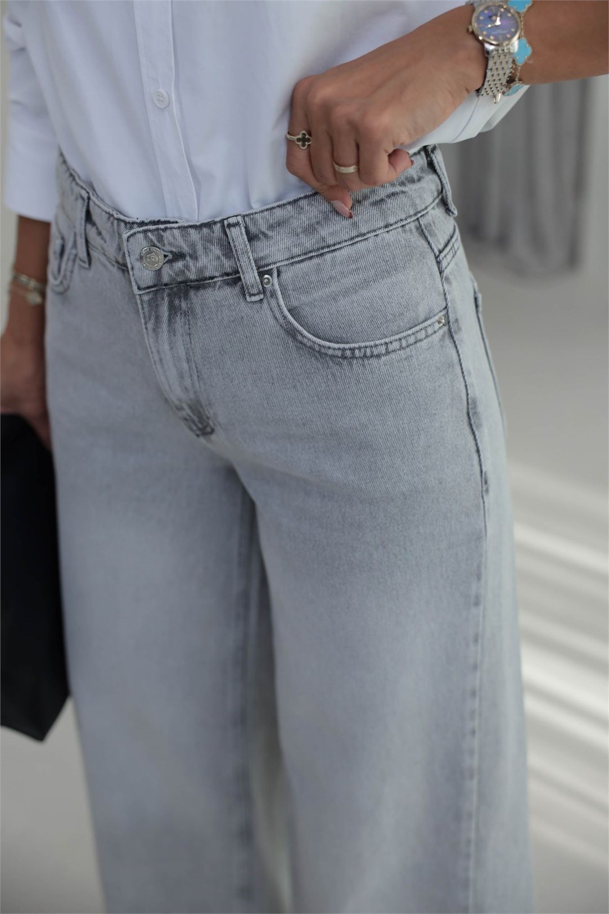 1020 Renk Yıkama Detaylı Wide Leg Denim Pantolon GRİ