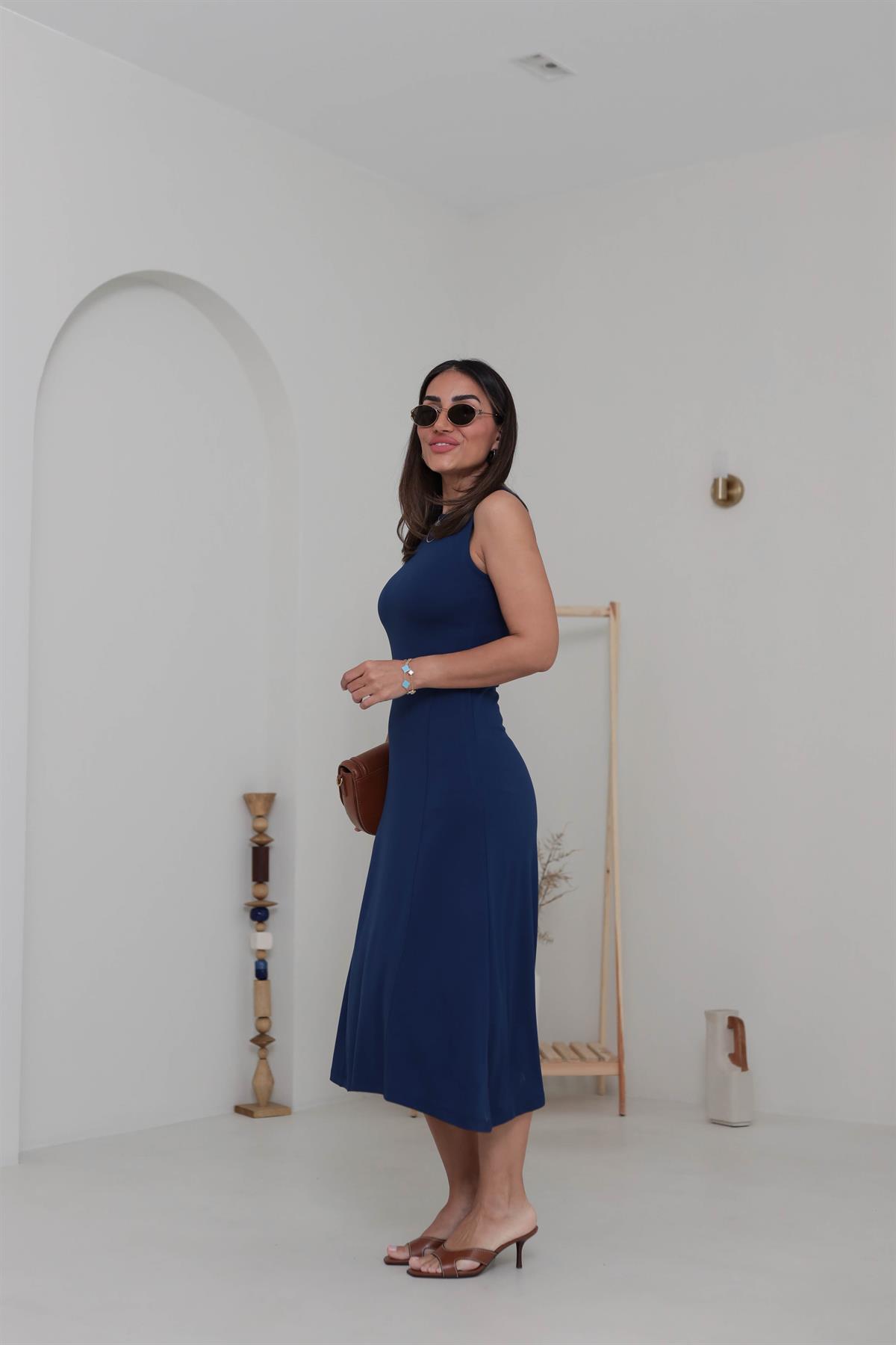 1590 Parçalı Sıfır Kol Midi Elbise LACİVERT
