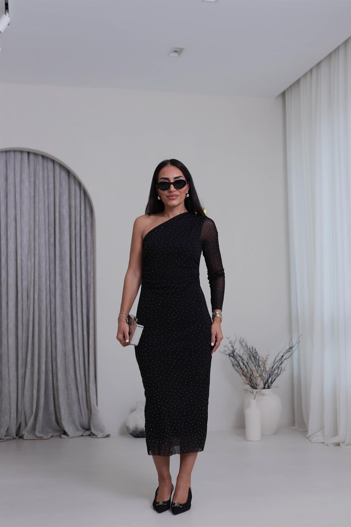 3722 Tek Omuz Detaylı Drapeli Taşlı Tül Elbise SİYAH