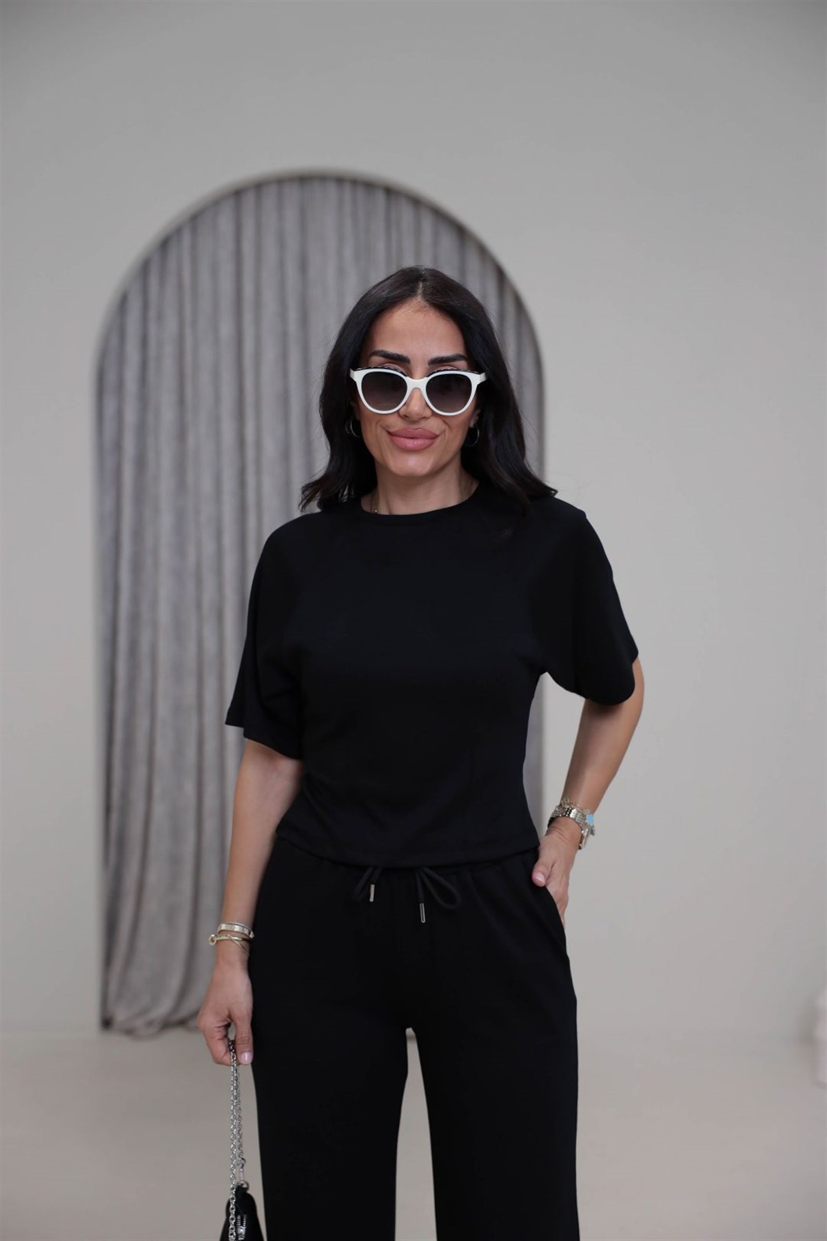 Bisiklet Yaka Kısa Reglan Kol Modal Takım SİYAH