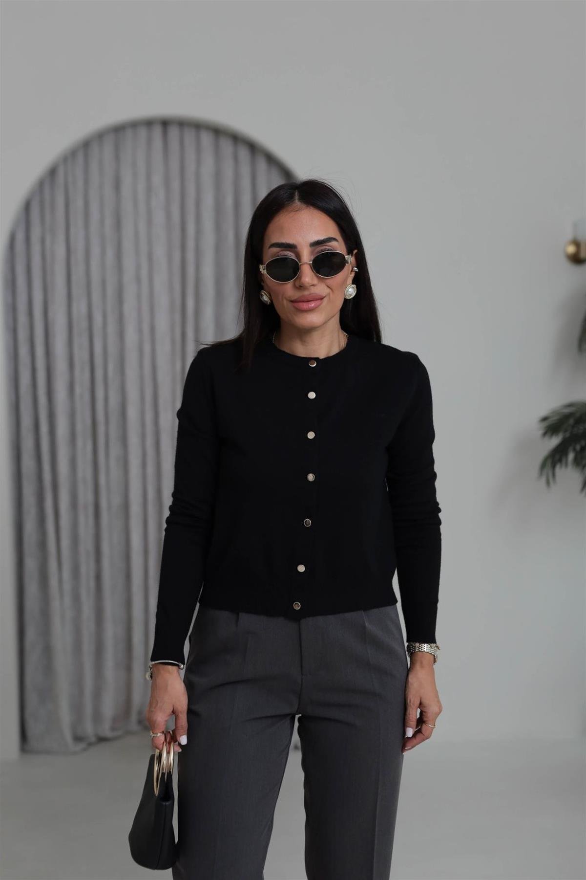 587 Gold Düğme Detaylı İnce Triko Hırka SİYAH