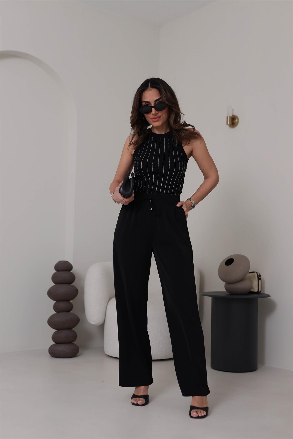 0858 Bel Lastikli Döküm Palazzo Pantolon SİYAH