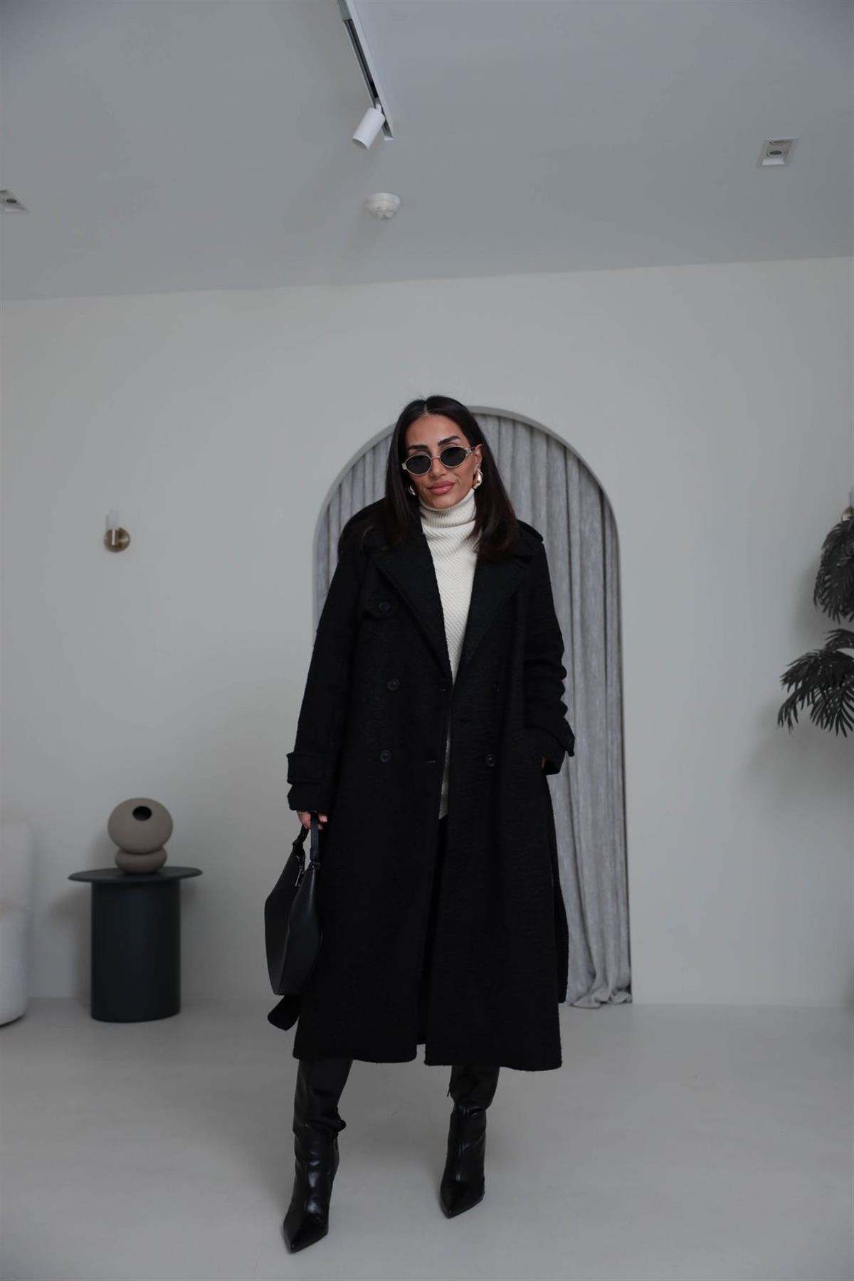 0611 Kuşaklı Apoletli Kaşe Kaban SİYAH