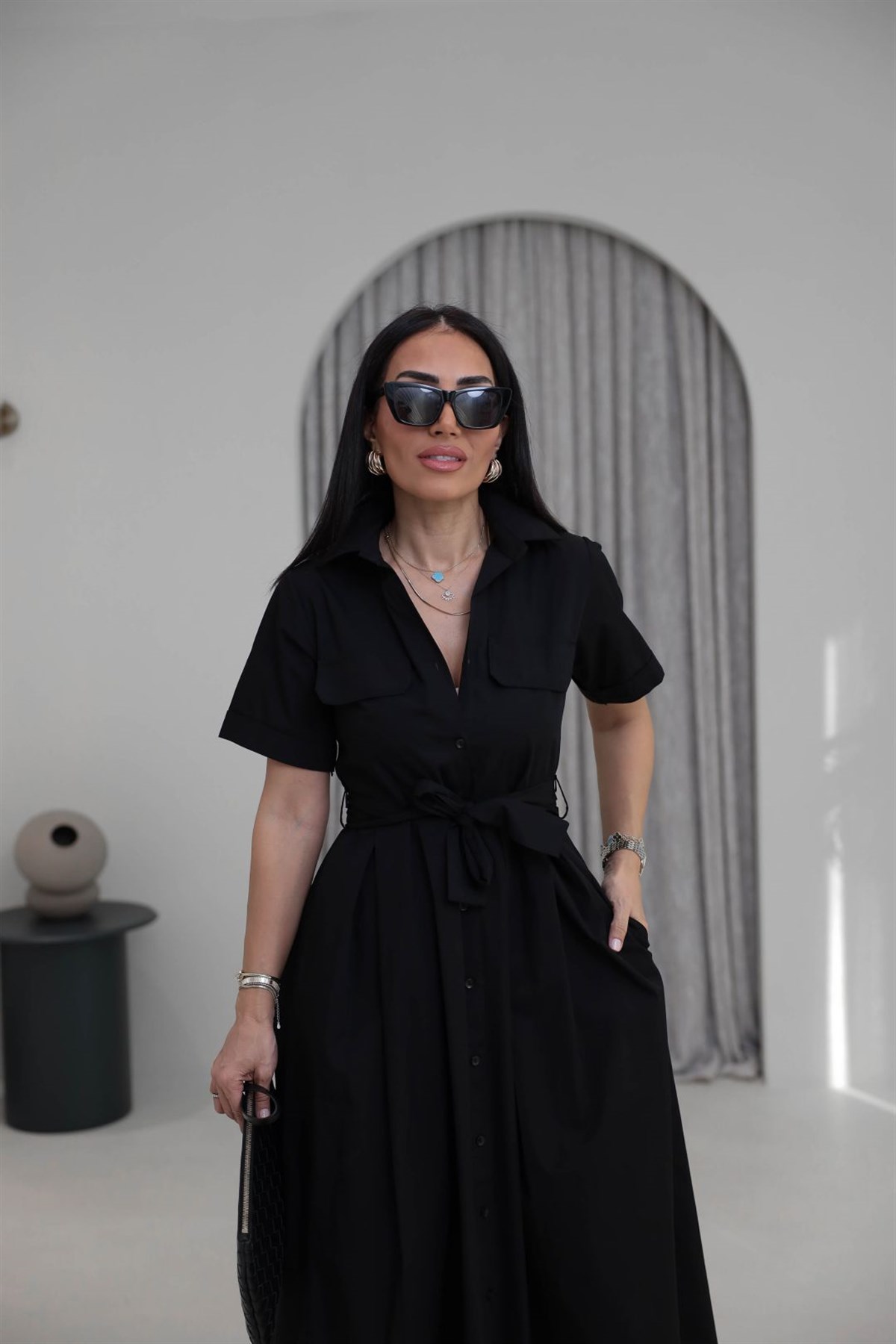0165 Cep Kapaklı Kuşaklı Kısa Kol Kloş Elbise SİYAH